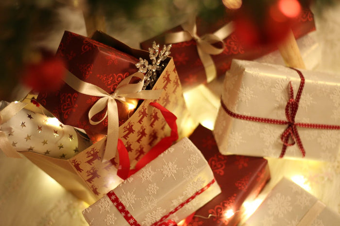 red and white presents with ribbons at christmas